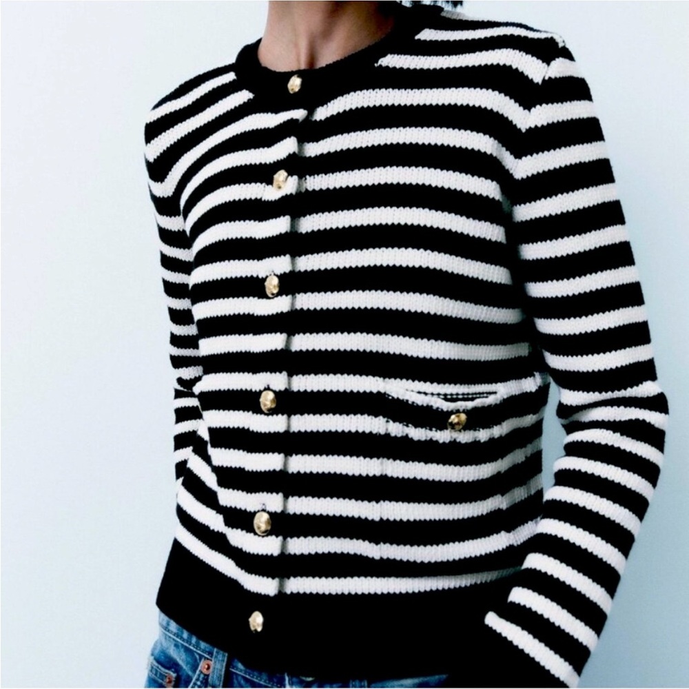 Zara Black and White Striped Sweater jacket with Gold Accents